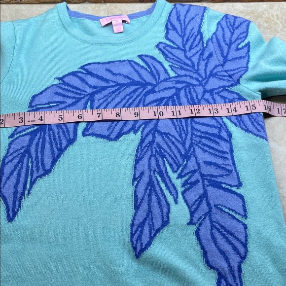 Lilly Pulitzer Blue Green Sweater Palm Leaf Intarsia Knit Medium Wool Blend - Picture 7 of 11